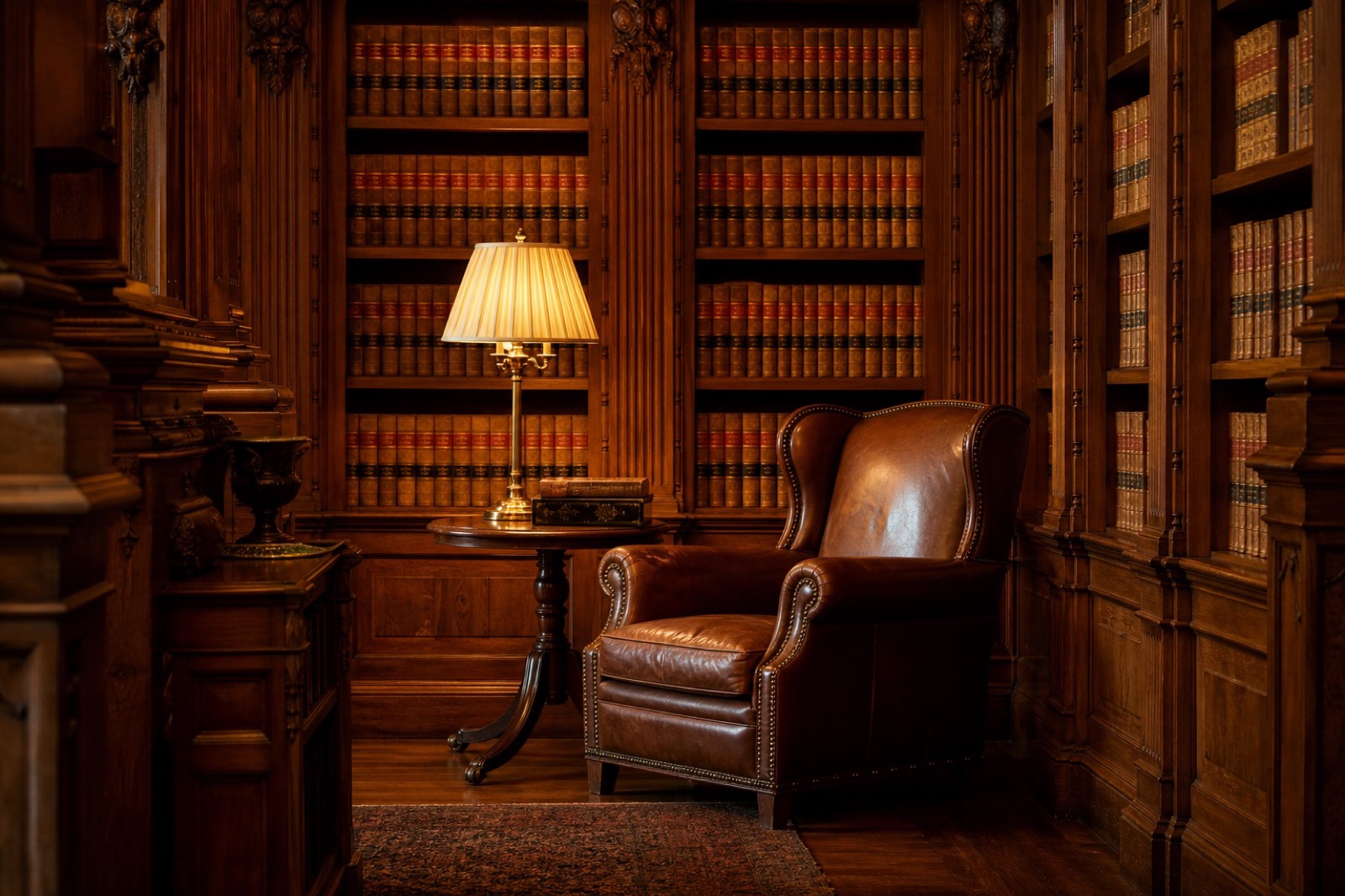 Floor-to-ceiling law library stacks representing the firm's research depth.
